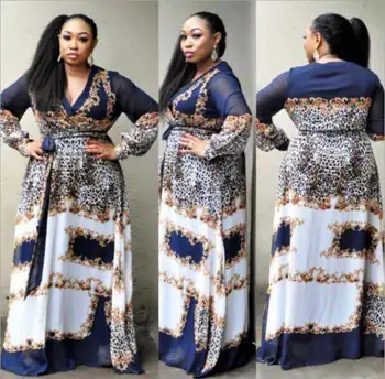 

2020 Dashiki African Fashion Long sleeve Sexy Plus Size Chiffon Long Dress with For Lady v-neck tie dye vintage