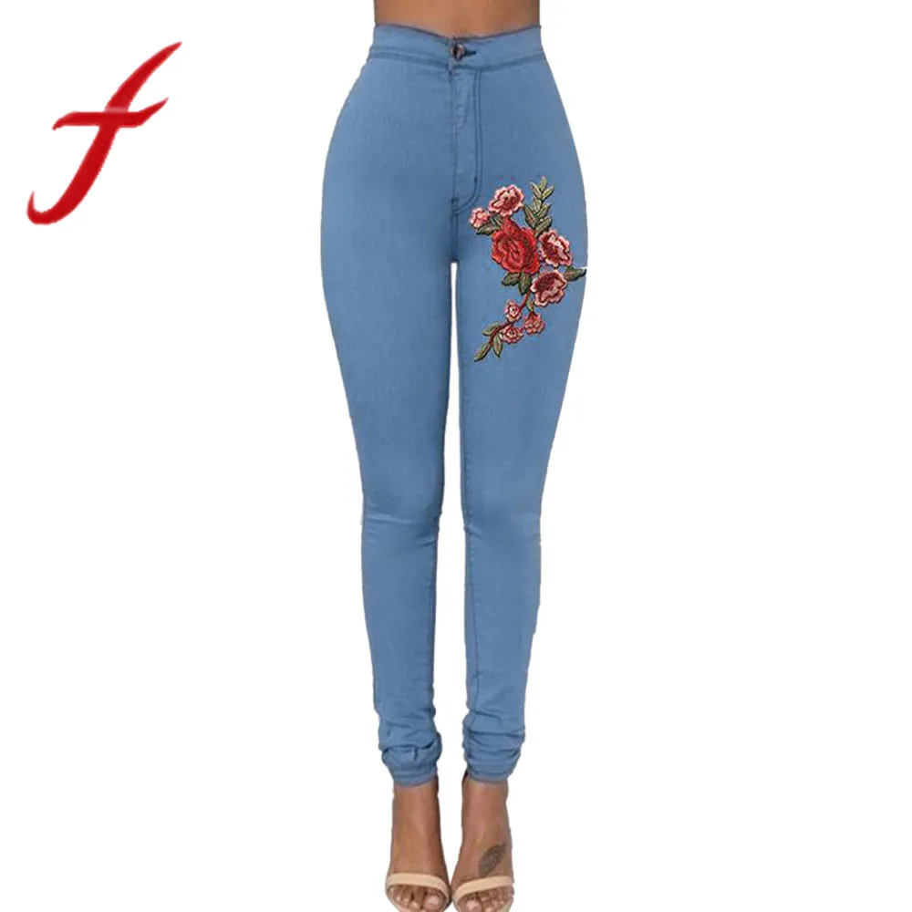 

Feitong Sexy Women Skinny Floral Applique Jeans Pants Ladies High Waist Stretch Slim Pencil Pants Trousers pantalon femme 2019