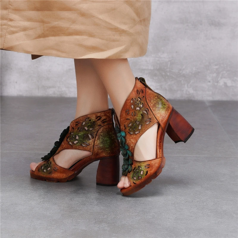 Women Gladiator Sandals Embroidery Leather 7 CM High Heels Chunky Sandals Peep Toe Handmade Genuine Leather Women Sandals Brand