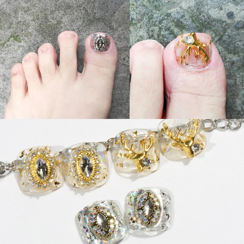 

2pcs/ set Big toe fake nails golden deer Re-Cuba Locke crystal press on nail tips free stickers
