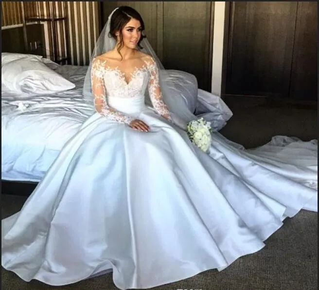

Long Sleeves Satin Appliques with Beads Illusion Back Boho Wedding Dress Gown Sofuge Vestido De Noiva Dubai Arabic Suknia Slubna