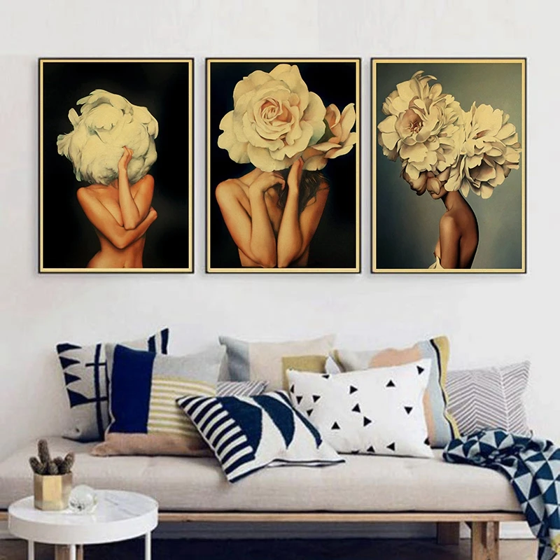 

Women Print Painting Flowers Feather Women Vintage Paper Poster Wall Painting Home Decoration 42X30 CM 30X21 CM