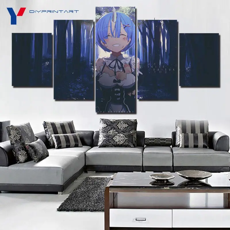 5 панелей аниме девушка Rem художественные картины на холсте Re Zero постер для