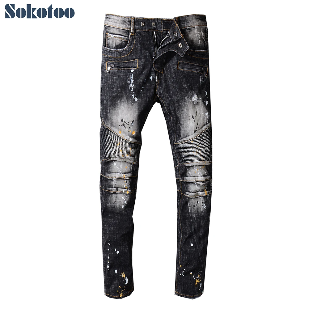 

Sokotoo Men's black slim fit stretch cotton denim biker jeans for moto Plus size painted patchwork straight pants