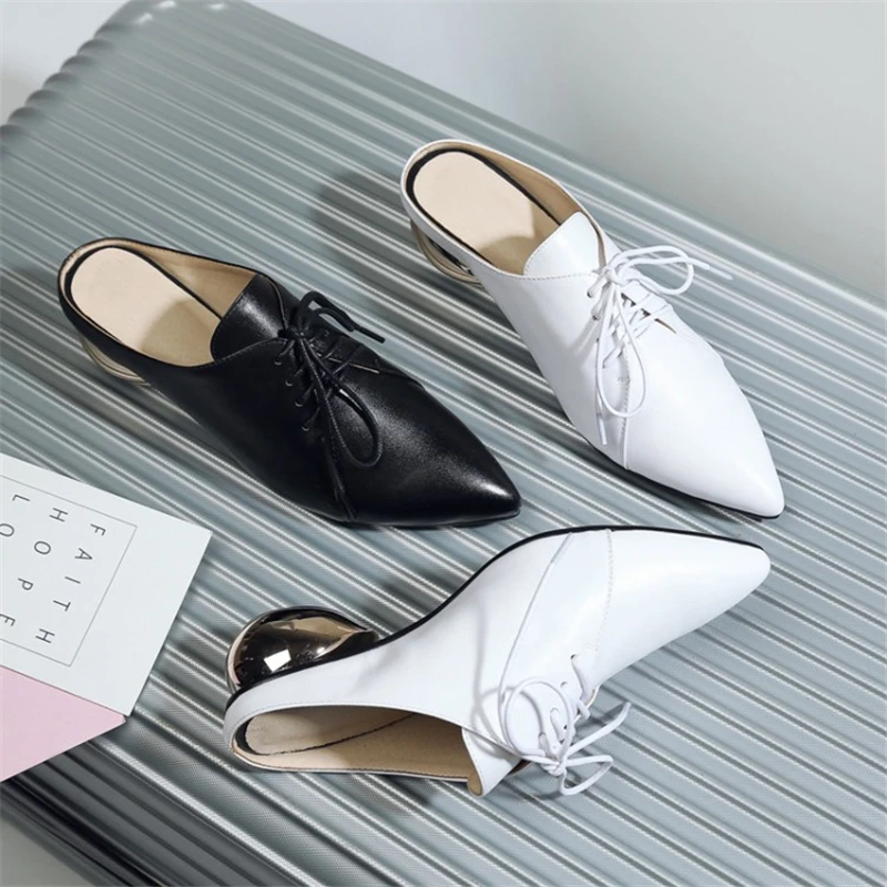 MSSTOR Shoe Laces Summer Shoes White Fashion Genuine Leather Strange Style Concise High Heels Pointed Toe Mules Women Slippers MSSTOR Shoe Laces Summer Shoes White Fashion Genuine Leather Strange Style Concise High Heels Pointed Toe Mules Women Slippers