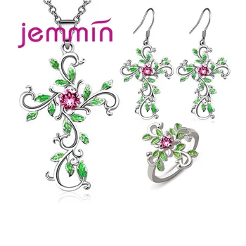 

Fashion Charming Flower Leaves Shape Jewelry Set For Women 925 Sterling Silver Pendant Necklace Hoop Earrings Rings