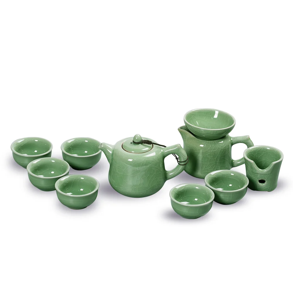 Newchinaroad green Chinese kung fu tea set with crackled glaze including 1 teapot*6 teacups*1 sharing pot*1 strainer (10pcs) | Дом и сад