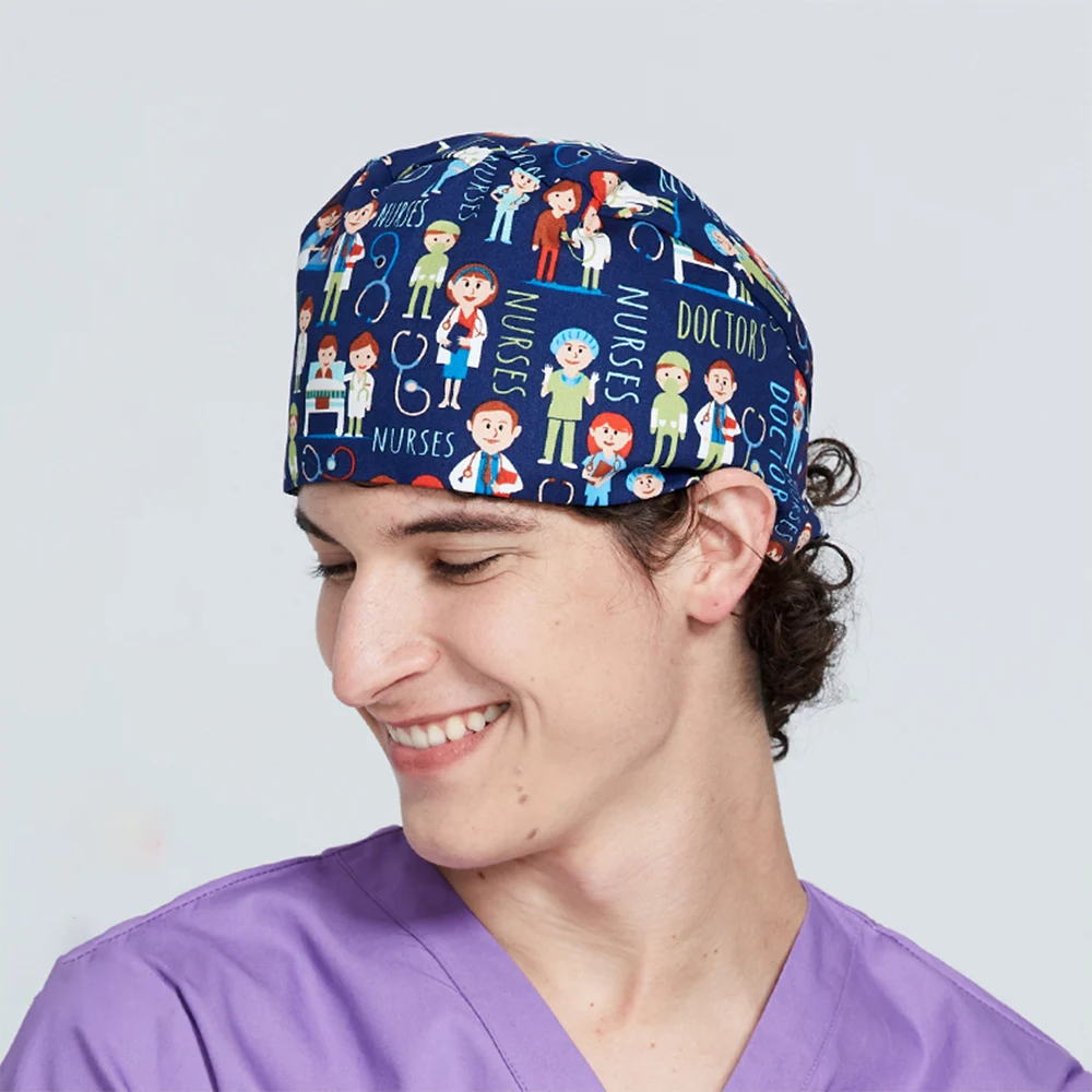 

Tooth Pattern Surgical Cap Men Dentist Medical Scrub Caps Hospital OR Working Hats 100% Cotton with Sweatband Dental Nurse Hat