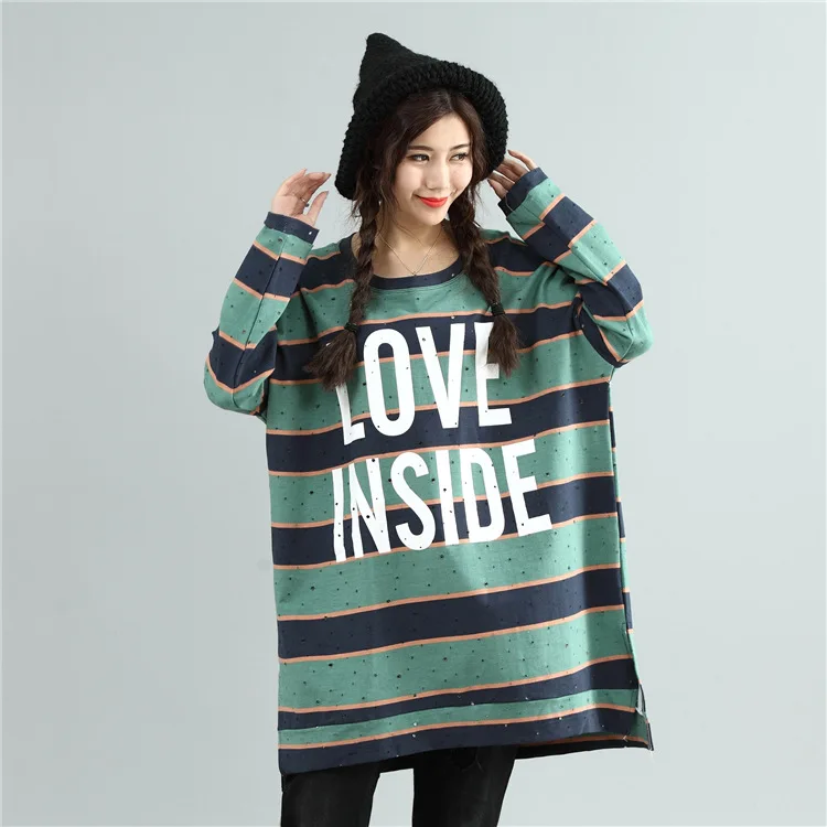 2017 Spring&autumn Women Oversized T Shirt Korean Fashion Loose Hole Striped Letter Print Cotton Long Sleeve T Shirts Plus Size