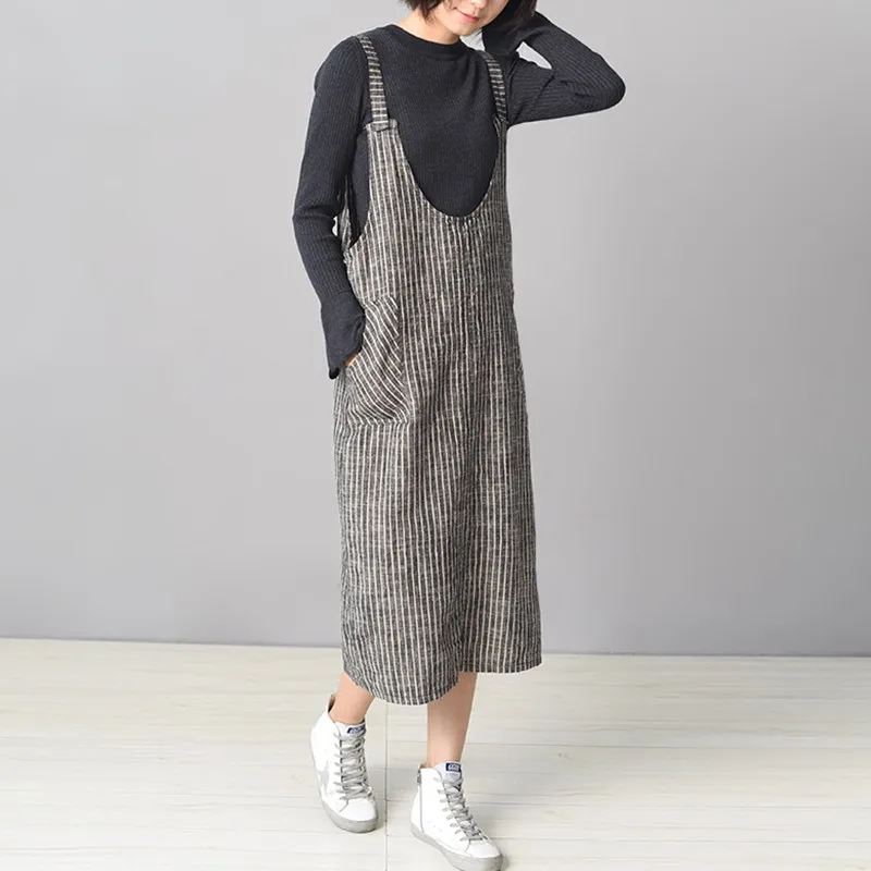 

New Women Stripe Vestido ZANZEA 2019 Sleeveless Pockets Pullover Spaghetti Strap Dress Brief Elegant Bib Overall Mid-Calf Kaftan