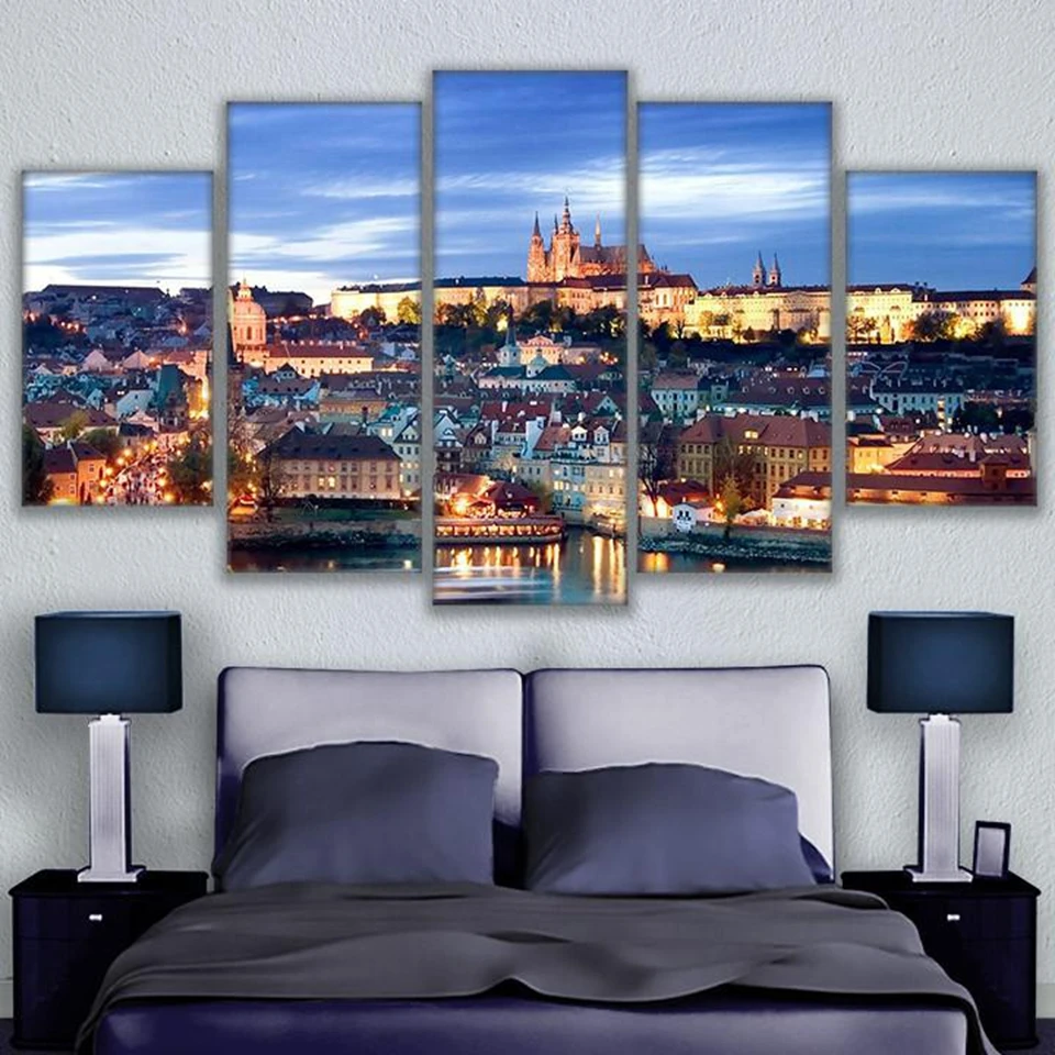 Модульные картины на холсте, домашний декор, настенные художественные Рамки, 5 штук, с видом на Прагу, пейзажные картины, гостиная, плакат с замком