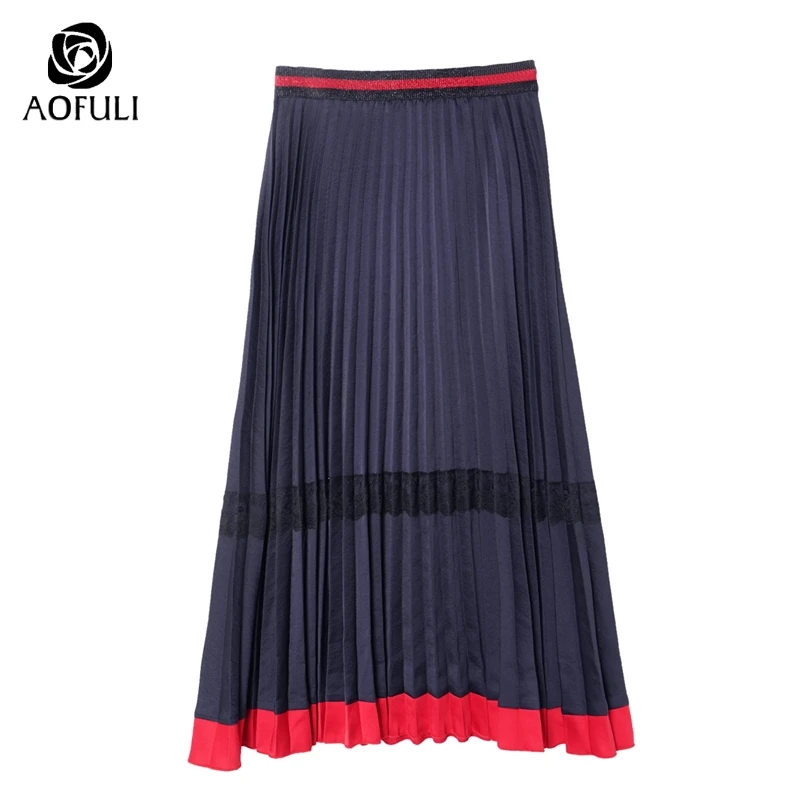 AOFULI L~ 4XL 5XL женская летняя плиссированная юбка миди с высокой талией контрастная синяя красная повседневная юбка до середины икры женская одежда A3961