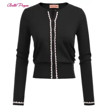 

Belle Poque Fashion Women's Sweater Long Sleeve Crew Neck Buttons From Stripe placket Contrast Color Cardigan Knitwear Black