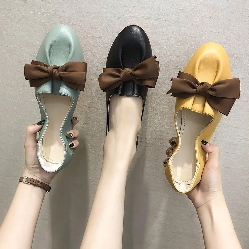 

2019 autumn new fashion simple color matching flat shoes women retro style soft and comfortable non-slip bow decoration casual s