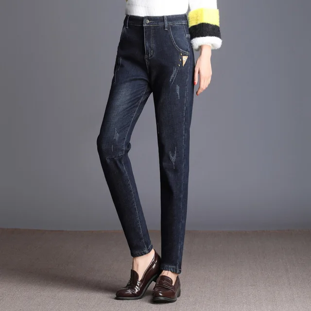 Lxunyi женские зимние джинсы с высокой талией, с заклепками, лоскутные рваные прямые джинсы, брюки больших размеров, однотонные повседневные джинсовые брюки с карманами