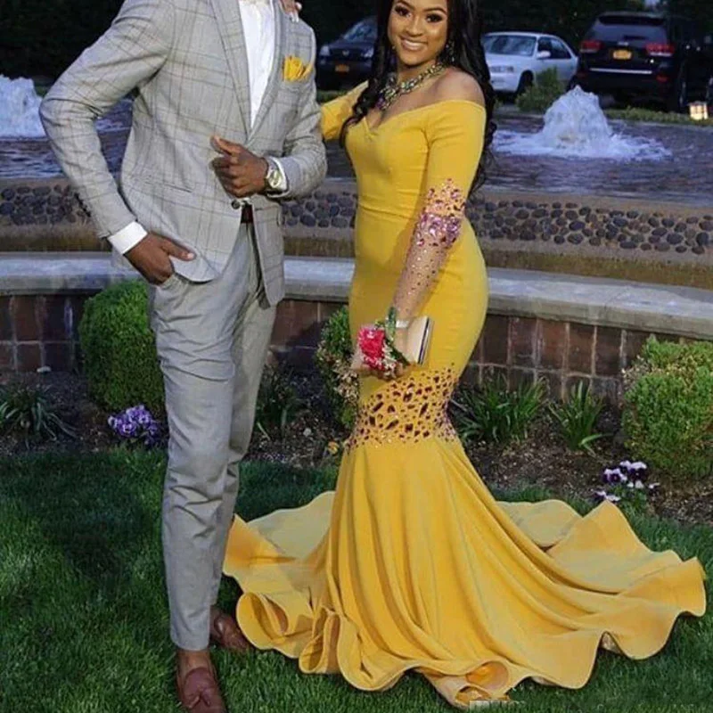 2019 African Yellow Prom Dresses Beaded Long Sleeves Plus Size Evening ...