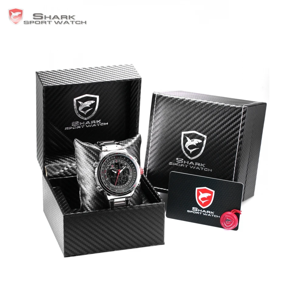 

Luxury Leather Box SHARK Sport Watch Men Dual Time Date Alarm Steel Band Relogio Masculino LCD Quartz Digital Montre /SH325-329
