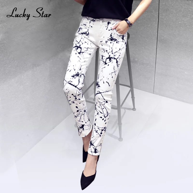 women's printed denim jeans
