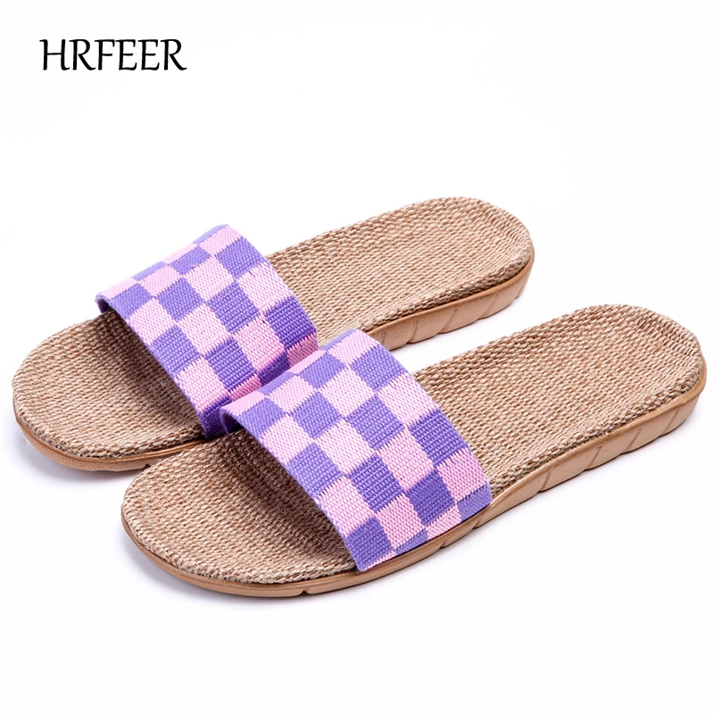 

HRFEER Fashion Checkered Women Slippers Men Flax Indoor/Outdoor Slipper Home Floor Sandals Silent Sweat Lightweight Unisex Shoes