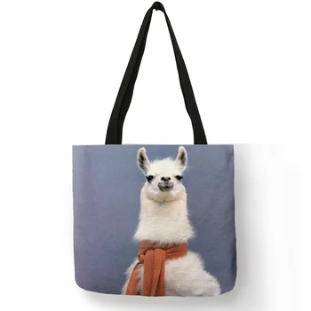 

Cute Animal Pattern Tote Bag for Girls Vivid Alpaca Painting Eco Linen Large Capacity Shoulder Bag Reusable Shopping Bags