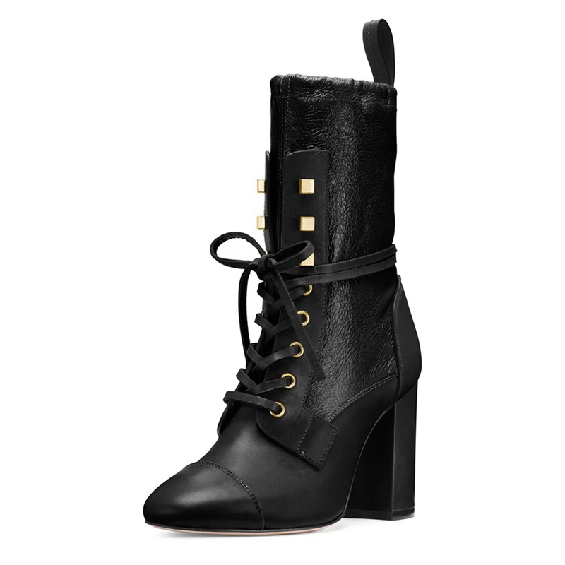 Женские модные ботинки на высоком каблуке в европейском стиле; брендовые ботинки на квадратном каблуке; женские ботинки из овечьей кожи на шнуровке; пикантные туфли-лодочки для вечеринок; TL-A0193