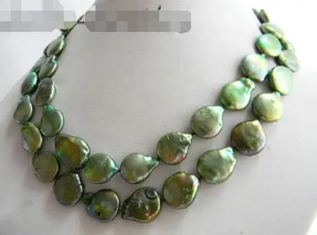 

FREE SHIPPING HOT sell new Style >>>>>2Strands 18'' 14MM Green Baroque Coin Freshwater Pearl Necklace