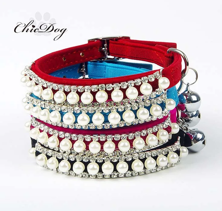

Pet's world flocked dog pearls collars luxury cat kitten puppy velour collar chains XS S 4colors