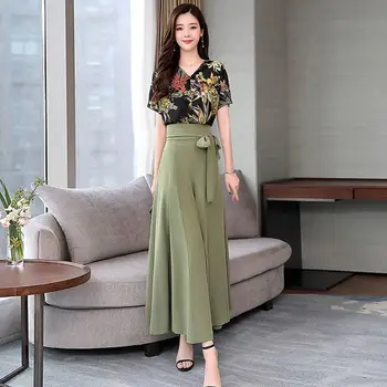 

2019 Summer Women V Neck Floral Print Shirts+High Waist Bow Sashes Slim Wide Leg Pants Set Lady Street Wear Loose Pant Suit Y127