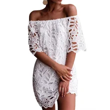 Women Summer Hollow Out Lace off the shoulder White Mini Dress Casual Party Princess Dresses white off the shoulder wrap mini dress