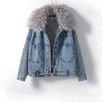 

2019 New Winter Jacket Women Denim Jacket Warm Fur Collar Loose Style Gothic Women Streetwear Coat