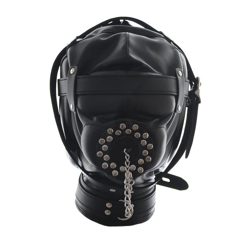 Black Leather Sex Mask Adult Sex Toys For Couples Slave Fetish Bondage Mask With Open Mouth Gag