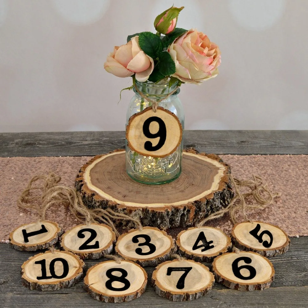 

OOTDTY Natural Wooden Table Number Log Slice Tree Bark 1-10 For Wedding Birthday Centerpiece Party Hanging Decor