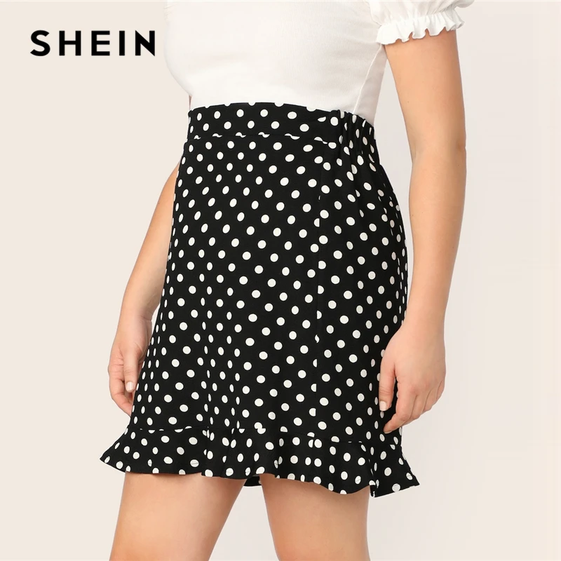

SHEIN Black Plus Ruffle Hem Polka Dot Skinny Short Skirt Casual Elegant Summer Office Lady Highstreet Stretchy Pencil Skirts