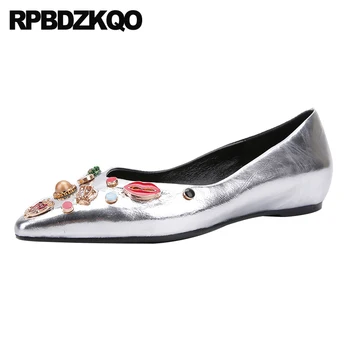 

Genuine Leather Cowhide Pointed Toe Ladies Beautiful Flats Shoes Black Crystal Pearl Party Diamond Silver Women Metal Rhinestone