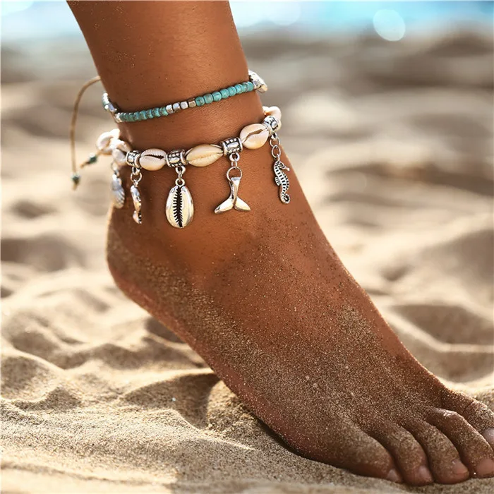 Boho океан пляж каури оболочки лодыжки браслет ручной работы регулируемая струна макраме мидия Seashell ножные браслеты для женщин ноги ювелирные изделия - Окраска металла: FOV1912S2