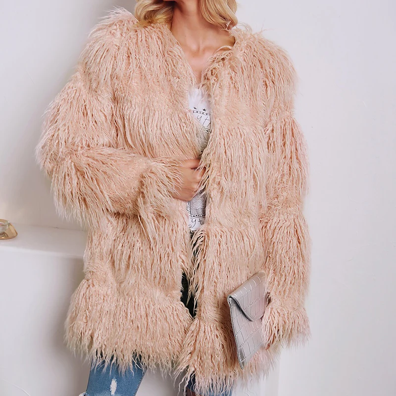 

Warm Faux Fur Coat Women Fluffy Long Sleeve Round Collar Outerwear Autumn Winter Female Long Jacket Hairy Overcoat Plus Size 3X