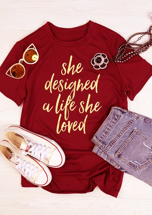 Женская футболка с графическим принтом и надписью She Design A Life Love|Футболки| |