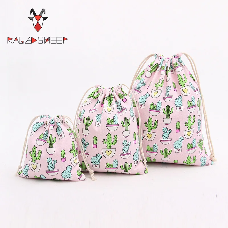 

Raged Sheep Fashion Drawstring Cotton Grocery Shopping Bags Folding Shopping Cart Eco Grab Bag Reusable Cactus Printed
