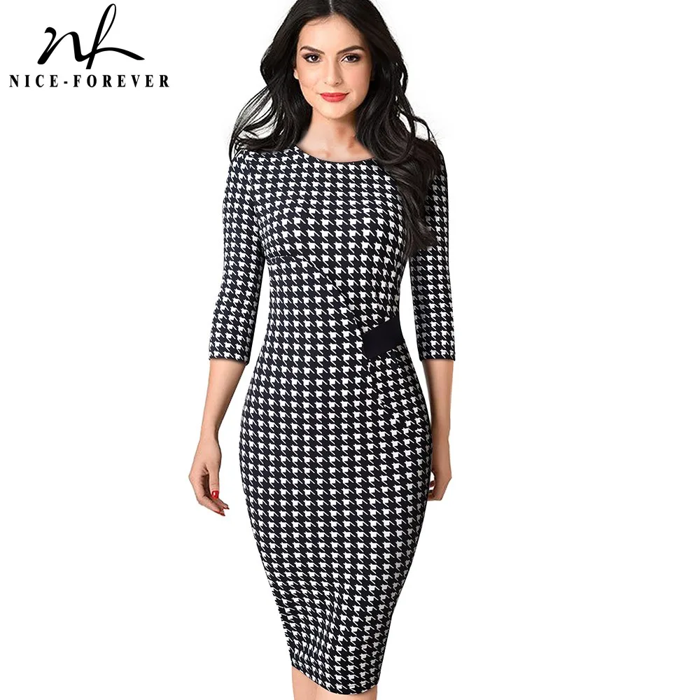

Nice-forever Elegant Vintage houndstooth Patchwork vestidos Business Bodycon Women Office Work Dress B543