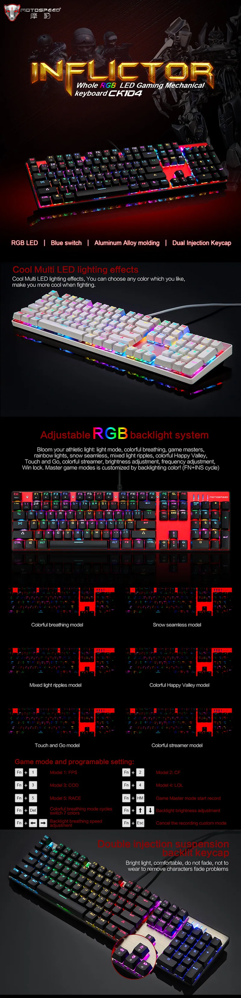 Motospeed CK104 Проводная Механическая клавиатура, 104 клавиш, настоящий RGB синий переключатель, игровой светодиодный с подсветкой, анти-привидение для геймерского компьютера