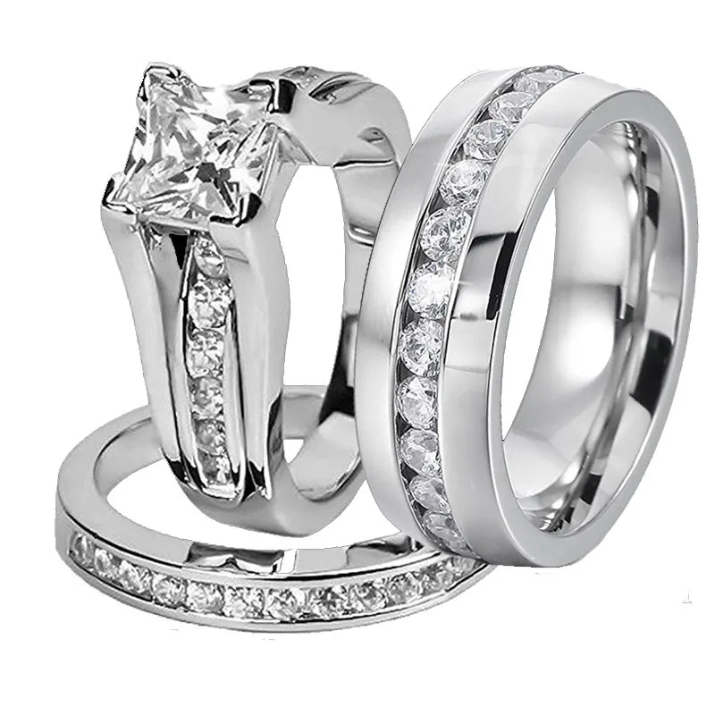 

His And Her 316L Stainless Steel Princess Cut Wedding Ring Sets And Eternity Wedding Cubic Zircon Men Women Engagement Ring