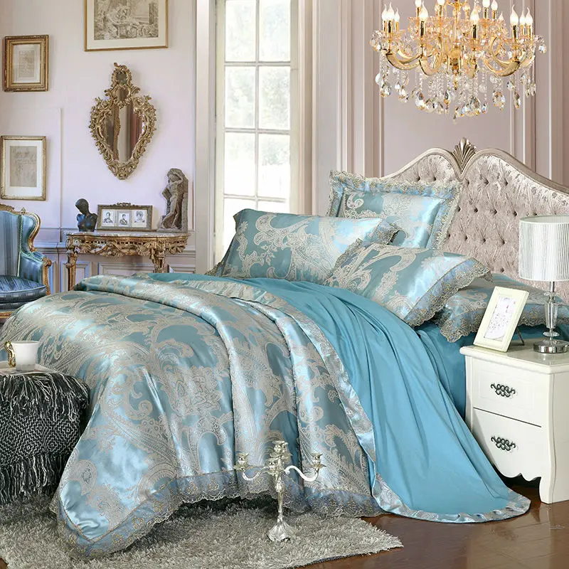 Luxury royal style pattern bedding sets light blue linens silk cotton ...