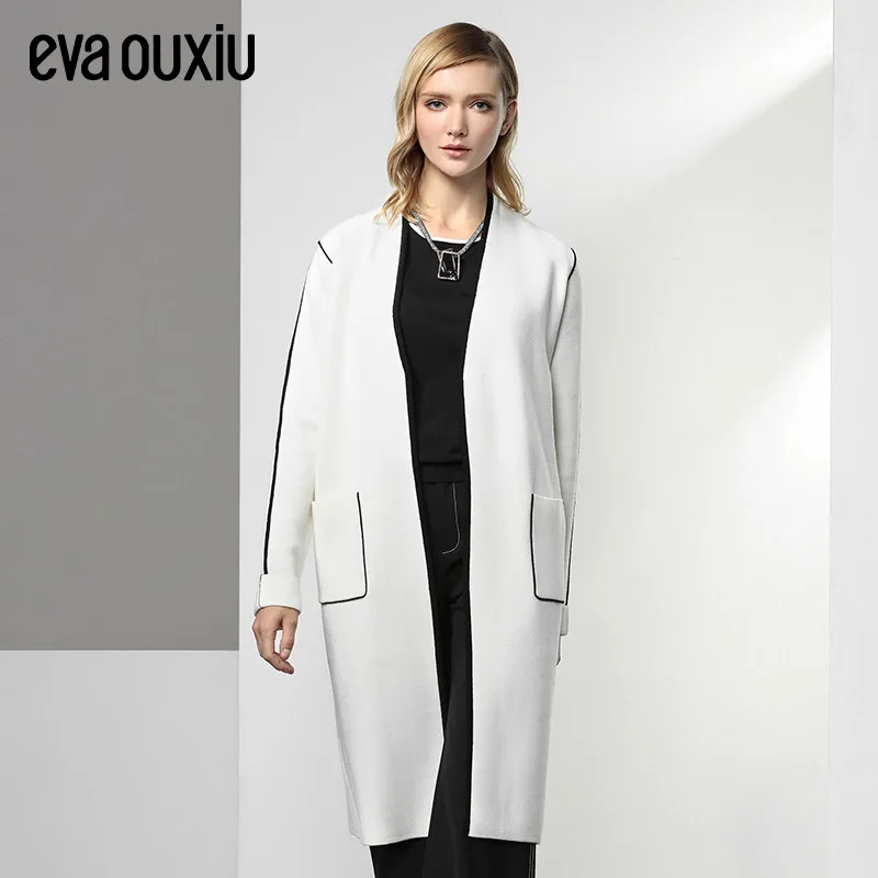 Evaouxiu Women Fall Long Knitted Cardigan Black White Contrast Color