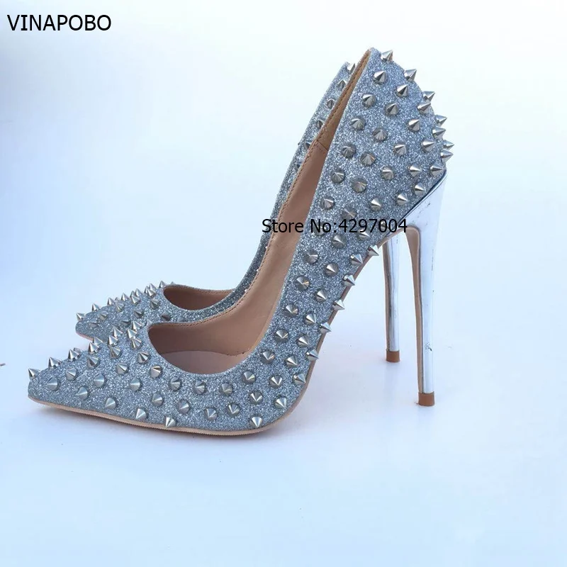 Vinapobo Glitter Spikes Women Fashion Shoes Studded Rivets Silver High Heels Lady Shoes stiletto pumps shoes plus size 35-43