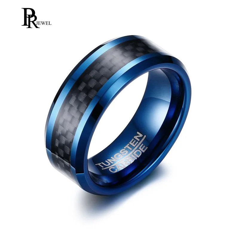 

8mm Blue Tungsten Carbide Ring Inlay Black Carbon Fiber Polished Comfort Fit Size 7 to 12