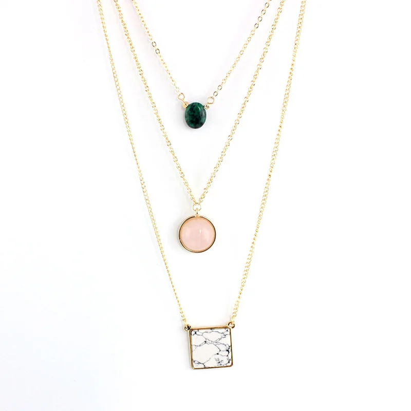 

Multilayer Rose Pink Quartz Howlite Natural Stone Pendant Short Gold Chain Necklaces Geometric Circle Accessories Jewelry