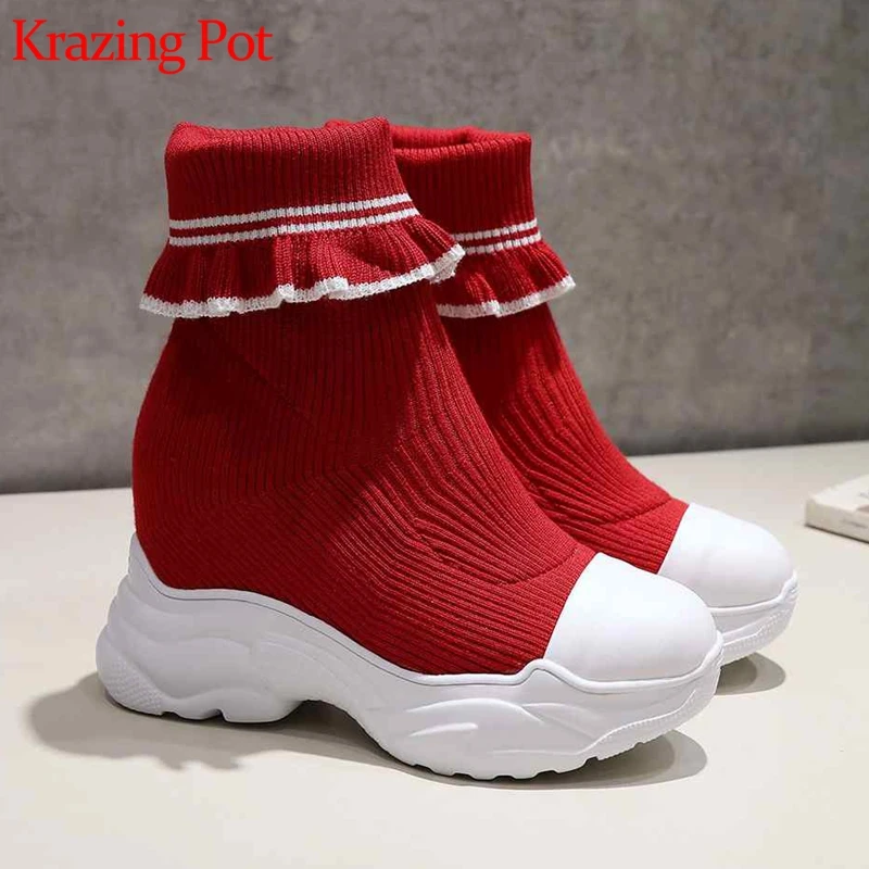 

krazing pot new knitting cow leather round toe Western stretch boots European ruffles decoration wedge sweety mid-calf boots L17