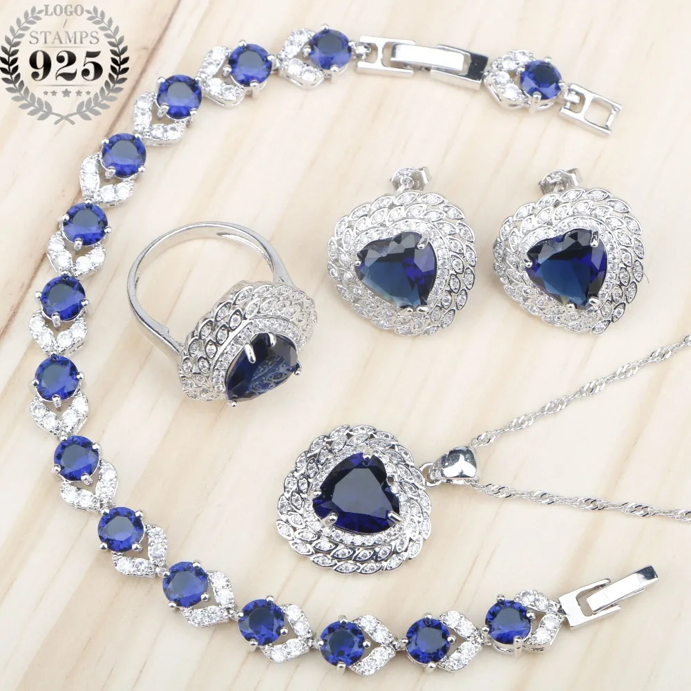 

Women Heart Blue Zircon 925 Silver Jewelry Sets Necklace&Pendant Bracelets Earrings Rings Set With Stones jewelery Gift Box