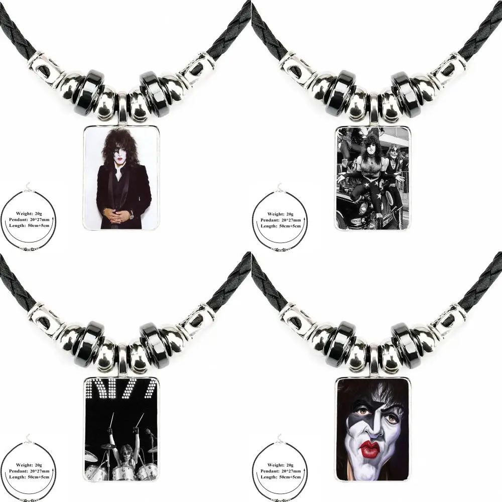 

Kiss Rock Band Usa For Women Girls Handmade Black Leather Bead Pendant Handmade Glass Long Necklace Jewelry Good Condition