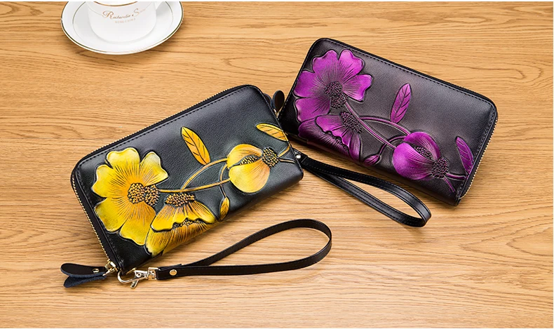 Lomelobo Long Hand Painted Card Wallet Lady Split Leather Rose Flowers Women Purse Girl Business RFID Credit Card Holder HPLA105 Details (13)